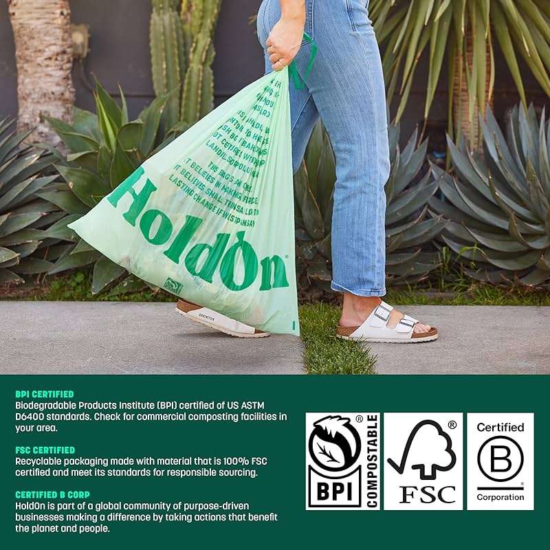 HoldOn Compostable Tall Kitchen Drawstring Bags, 13 Gallon - Leak-Resistant Triple-Ply Plant-Based Kitchen Bags for Trash, Compost & Bin Liners, BPA-Free, BPI Certified, 40 Count - Image 7