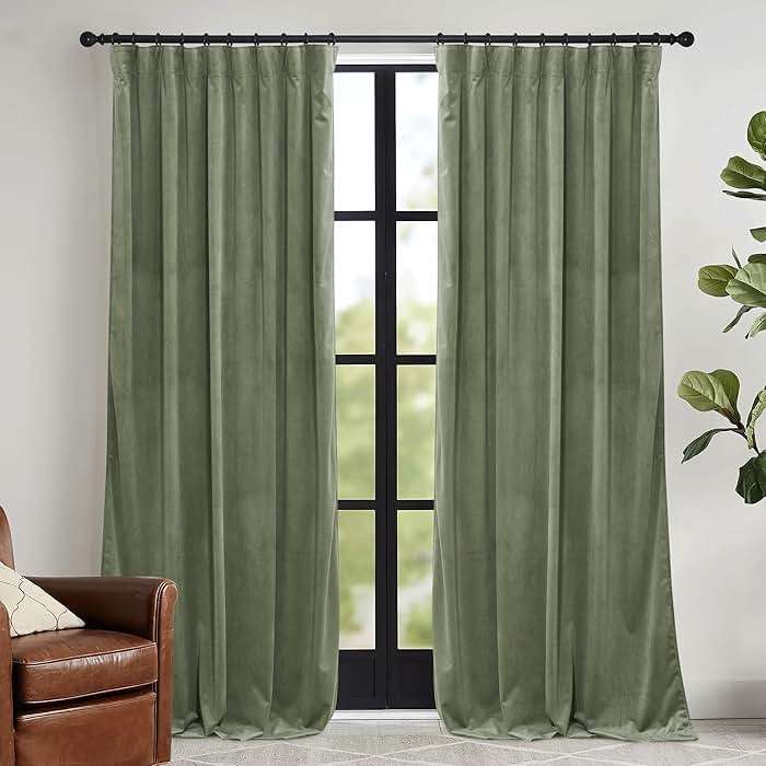 RYB HOME Sage Green Velvet Curtains 84 inches, Room Darkening Super Soft Velvet Drapes with Pleat Tape for Living Room, Thermal Insulated Window Treatment for Bedroom, W52 x L84 inch, 2 Panels - Image 1