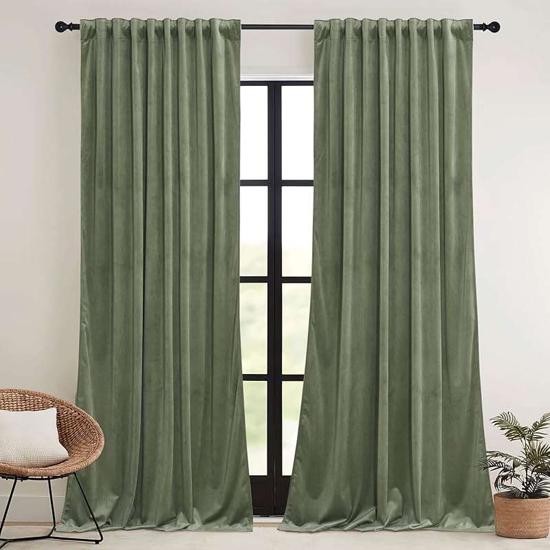RYB HOME Sage Green Velvet Curtains 84 inches, Room Darkening Super Soft Velvet Drapes with Pleat Tape for Living Room, Thermal Insulated Window Treatment for Bedroom, W52 x L84 inch, 2 Panels - Image 2