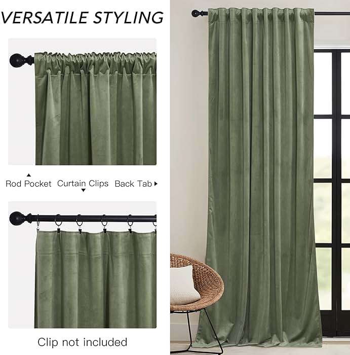 RYB HOME Sage Green Velvet Curtains 84 inches, Room Darkening Super Soft Velvet Drapes with Pleat Tape for Living Room, Thermal Insulated Window Treatment for Bedroom, W52 x L84 inch, 2 Panels - Image 3