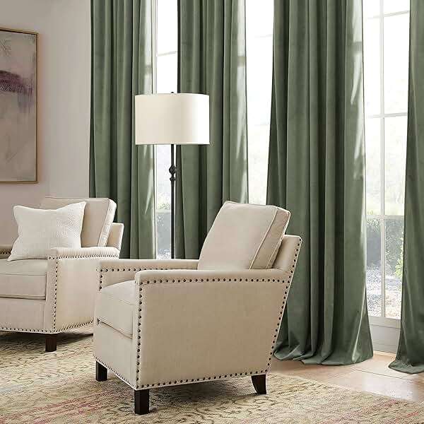 RYB HOME Sage Green Velvet Curtains 84 inches, Room Darkening Super Soft Velvet Drapes with Pleat Tape for Living Room, Thermal Insulated Window Treatment for Bedroom, W52 x L84 inch, 2 Panels - Image 6