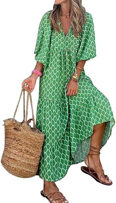 miduo Womens Loose Fit Casual Summer V Neck Half Sleeve Bohemian Geometric Pattern Maxi Long Dresses - Image 2