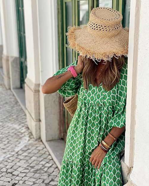 miduo Womens Loose Fit Casual Summer V Neck Half Sleeve Bohemian Geometric Pattern Maxi Long Dresses - Image 3