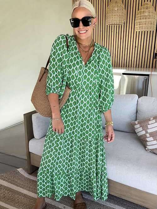 miduo Womens Loose Fit Casual Summer V Neck Half Sleeve Bohemian Geometric Pattern Maxi Long Dresses - Image 4