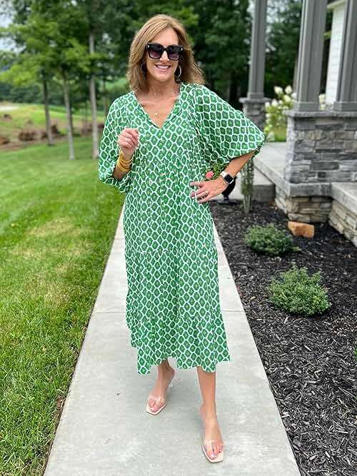 miduo Womens Loose Fit Casual Summer V Neck Half Sleeve Bohemian Geometric Pattern Maxi Long Dresses - Image 6