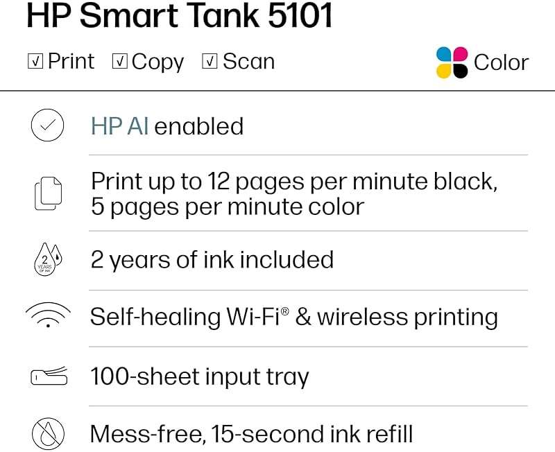 HP Smart Tank 5101 Wireless All-in-One Refillable Printer, Scanner, Copier with 2 Years of Ink Included, Wireless (2.4ghz only) Printer-for-Home use (1F3Y0A) - Image 2