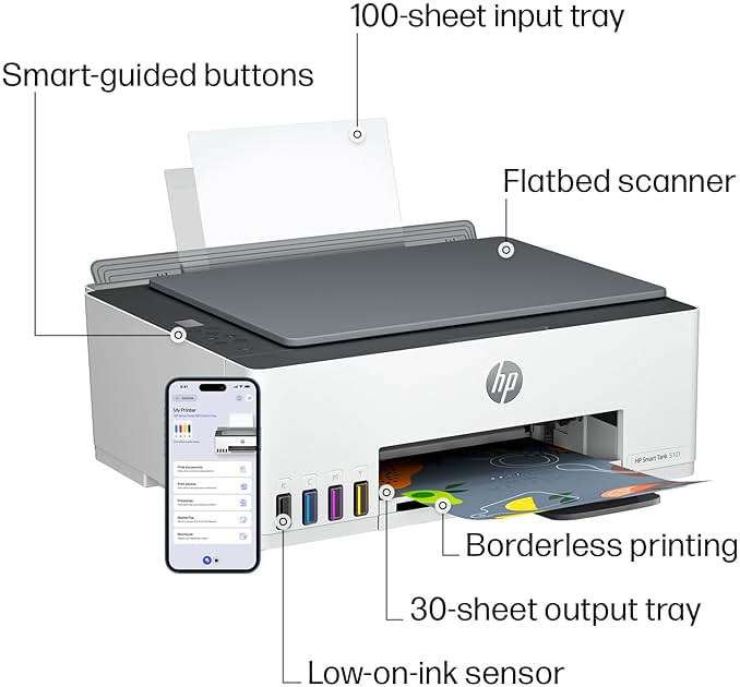 HP Smart Tank 5101 Wireless All-in-One Refillable Printer, Scanner, Copier with 2 Years of Ink Included, Wireless (2.4ghz only) Printer-for-Home use (1F3Y0A) - Image 4