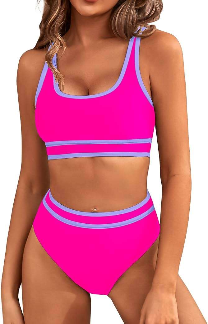 BMJL Women's High Waisted Bikini Sets Sporty Two Piece Swimsuits Color Block Tummy Control Modest Bathing Suit - Image 1