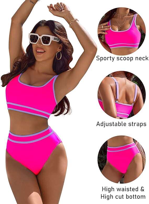 BMJL Women's High Waisted Bikini Sets Sporty Two Piece Swimsuits Color Block Tummy Control Modest Bathing Suit - Image 3