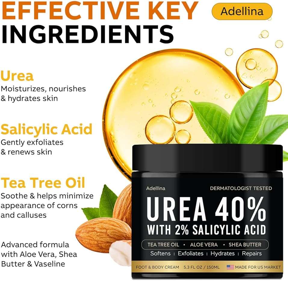 Adellina Urea Cream 40 Percent for Feet Maximum Strength, Urea Foot Cream for Dry Cracked Heels Feet Knees Elbows, 40% Urea Foot Repair Lotion 5.3 OZ - Image 3