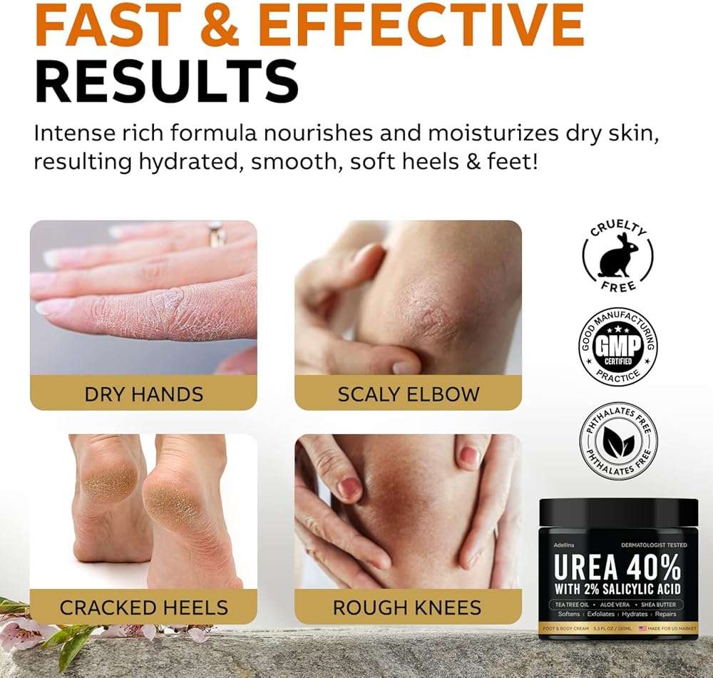 Adellina Urea Cream 40 Percent for Feet Maximum Strength, Urea Foot Cream for Dry Cracked Heels Feet Knees Elbows, 40% Urea Foot Repair Lotion 5.3 OZ - Image 5