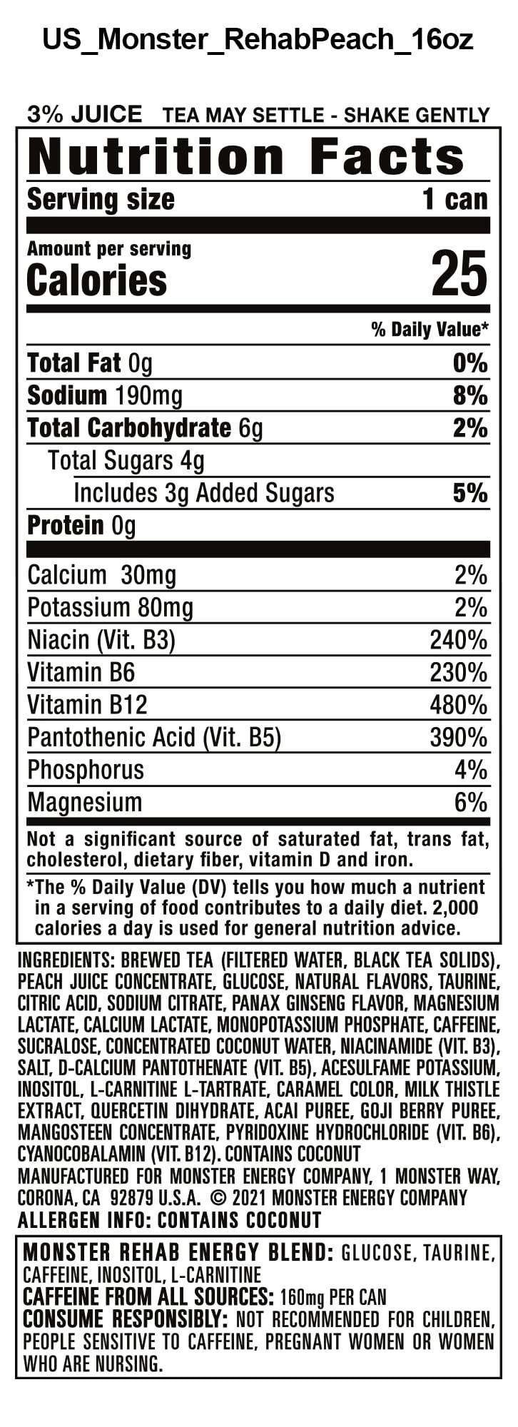 Monster Rehab Peach Tea + Energy, Energy Drink, 15.5 Ounce | Energy Iced Tea, Pack of 15 - Image 2