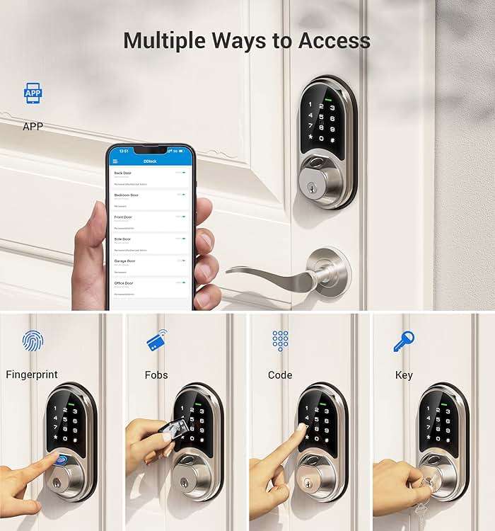 Veise RZ07 Fingerprint Smart Lock, 7-in-1 Smart Locks for Front Door, Keyless Entry Door Lock with App Control & Auto-Lock, Biometric Electronic Touchscreen Keypad Deadbolt, Satin Nickel - Image 2