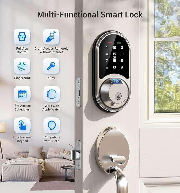 Veise RZ07 Fingerprint Smart Lock, 7-in-1 Smart Locks for Front Door, Keyless Entry Door Lock with App Control & Auto-Lock, Biometric Electronic Touchscreen Keypad Deadbolt, Satin Nickel - Image 4