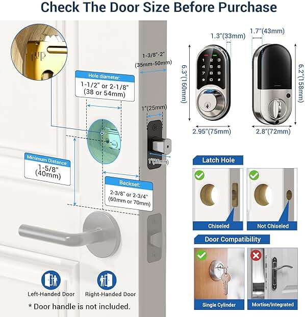 Veise RZ07 Fingerprint Smart Lock, 7-in-1 Smart Locks for Front Door, Keyless Entry Door Lock with App Control & Auto-Lock, Biometric Electronic Touchscreen Keypad Deadbolt, Satin Nickel - Image 6