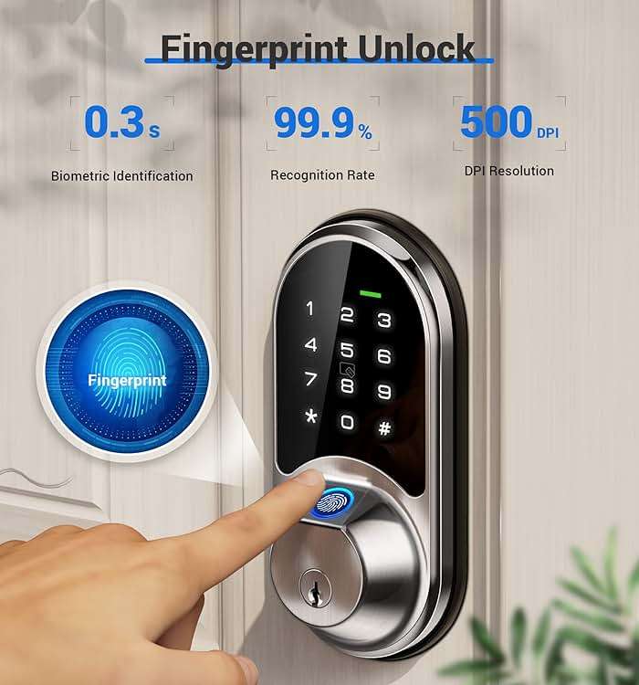 Veise RZ07 Fingerprint Smart Lock, 7-in-1 Smart Locks for Front Door, Keyless Entry Door Lock with App Control & Auto-Lock, Biometric Electronic Touchscreen Keypad Deadbolt, Satin Nickel - Image 9