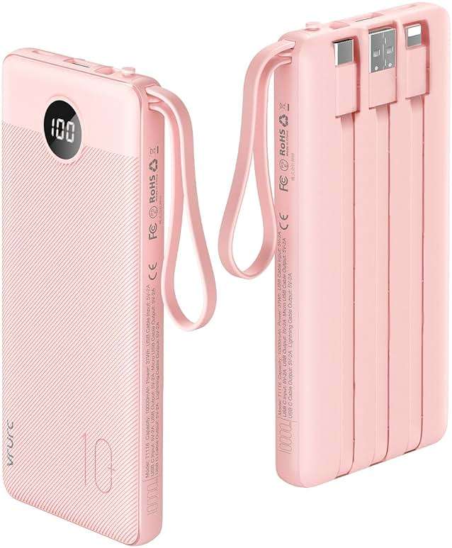 VRURC Portable Charger Power Bank, Built-in 4 Cables & 2 Ports,10000mAh Slim Battery Pack with LED Display, Travel Essential USB C Portable Phone Charger for All Cell Phones Devices-Pink(1 Pack) - Image 2