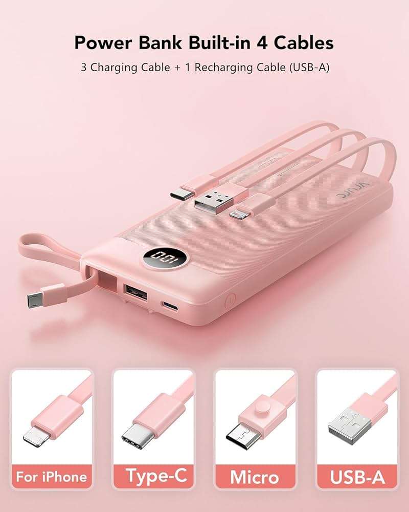 VRURC Portable Charger Power Bank, Built-in 4 Cables & 2 Ports,10000mAh Slim Battery Pack with LED Display, Travel Essential USB C Portable Phone Charger for All Cell Phones Devices-Pink(1 Pack) - Image 3