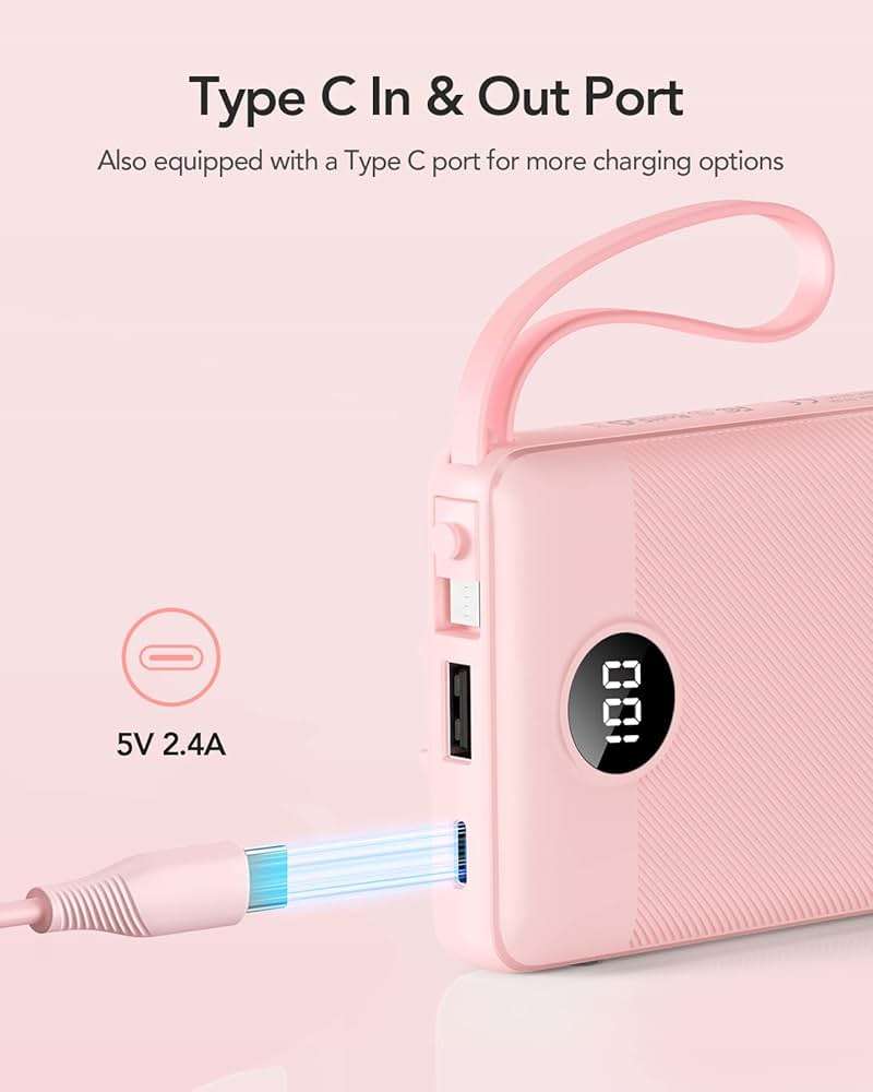 VRURC Portable Charger Power Bank, Built-in 4 Cables & 2 Ports,10000mAh Slim Battery Pack with LED Display, Travel Essential USB C Portable Phone Charger for All Cell Phones Devices-Pink(1 Pack) - Image 4