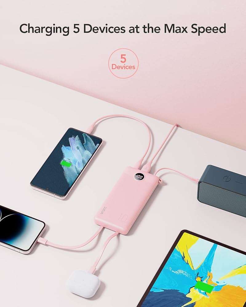 VRURC Portable Charger Power Bank, Built-in 4 Cables & 2 Ports,10000mAh Slim Battery Pack with LED Display, Travel Essential USB C Portable Phone Charger for All Cell Phones Devices-Pink(1 Pack) - Image 5