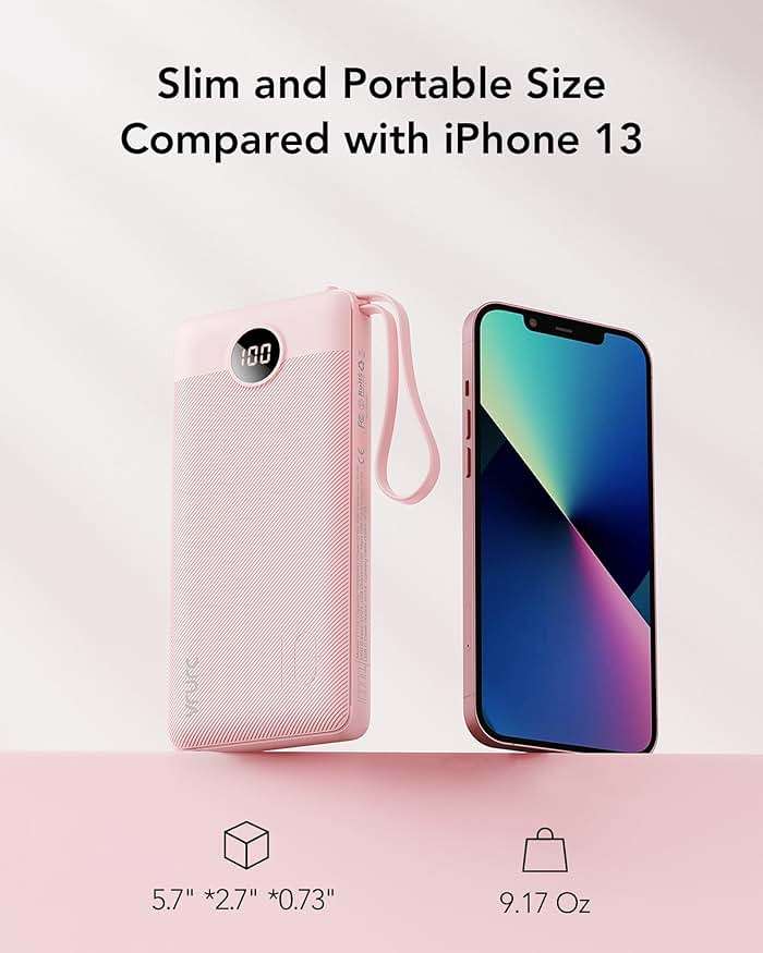 VRURC Portable Charger Power Bank, Built-in 4 Cables & 2 Ports,10000mAh Slim Battery Pack with LED Display, Travel Essential USB C Portable Phone Charger for All Cell Phones Devices-Pink(1 Pack) - Image 6