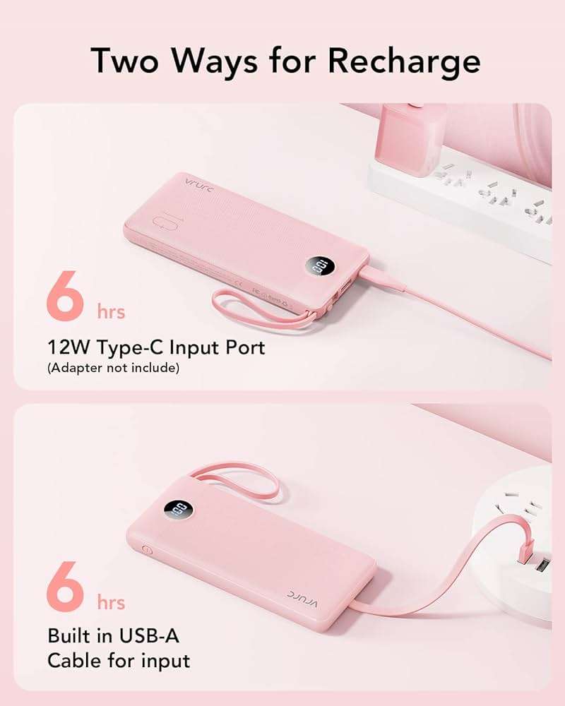 VRURC Portable Charger Power Bank, Built-in 4 Cables & 2 Ports,10000mAh Slim Battery Pack with LED Display, Travel Essential USB C Portable Phone Charger for All Cell Phones Devices-Pink(1 Pack) - Image 7