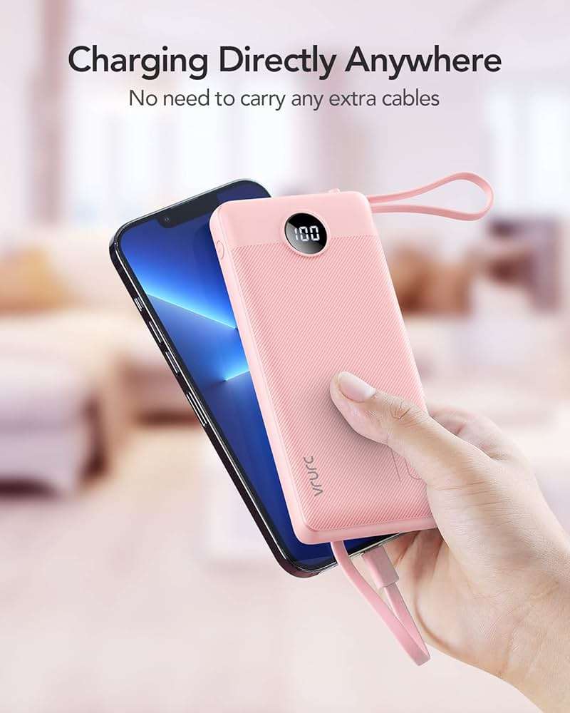 VRURC Portable Charger Power Bank, Built-in 4 Cables & 2 Ports,10000mAh Slim Battery Pack with LED Display, Travel Essential USB C Portable Phone Charger for All Cell Phones Devices-Pink(1 Pack) - Image 9