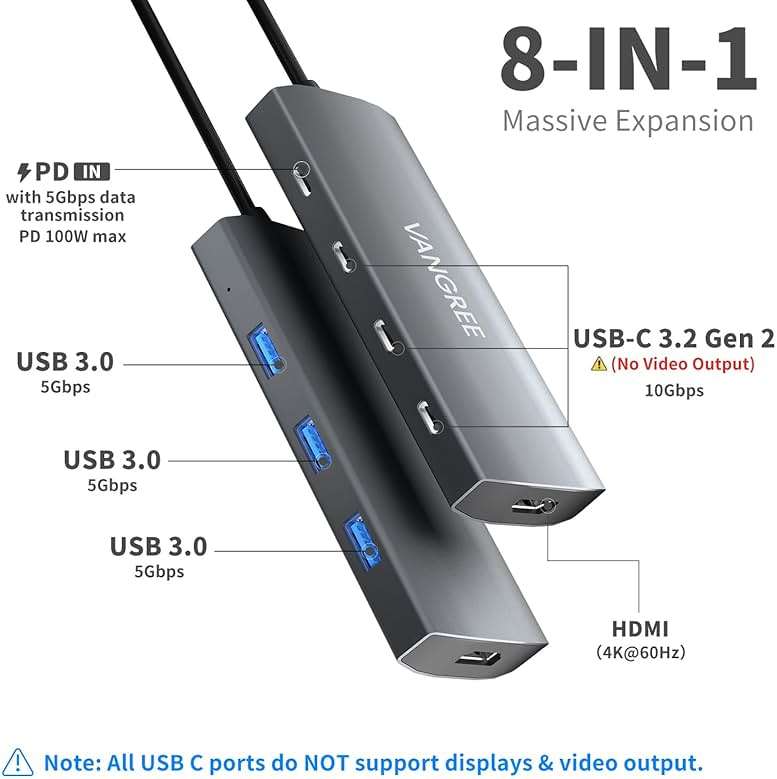 VANGREE USB C Hub 8 in 1 Multiport Adapter, 3 USB-C & 3 USB-A 3.2 10Gbps, 4K@60Hz HDMI, 100W Power Delivery, USBC Splitter Extender for MacBook Pro/Air, iPad Pro, iMac, Mac mini, Dell, Surface - Image 2