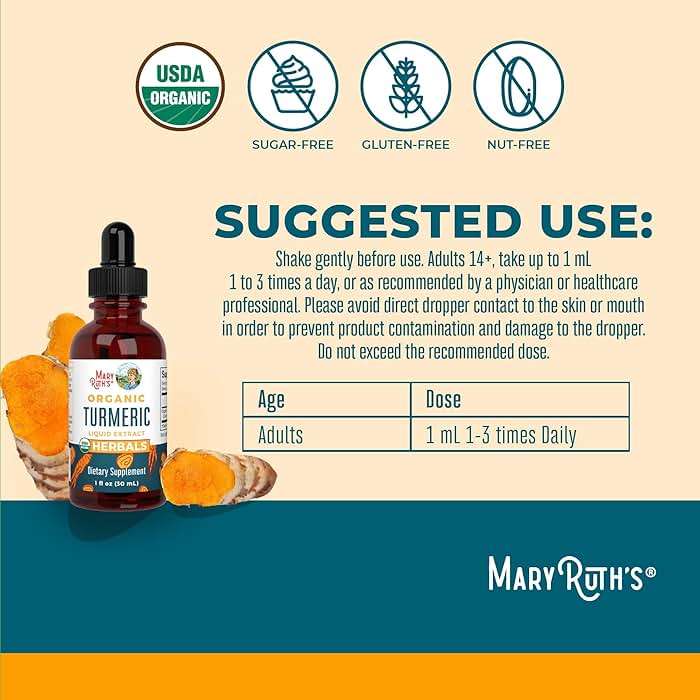 MARYRUTH'S Organics Organic Turmeric Liquid Extract | Sugar Free | USDA Organic | Organic Turmeric Supplement | Non-GMO | Gluten Free | Vegan | Alcohol-Free Tincture | 1 Fl Oz - Image 3