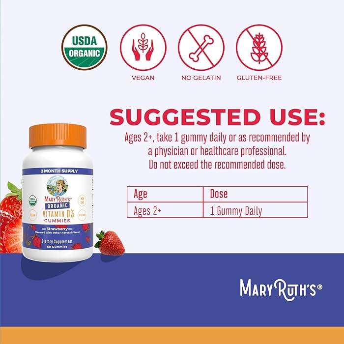 MARYRUTH'S Organic Vitamin D3 Gummies | 1000 IU | USDA Organic | Immune Support| Bone Health | Muscle Function | for Adults & Kids Ages 2+ | Vegan | Gluten Free | 2 Month Supply | 60 Count - Image 3