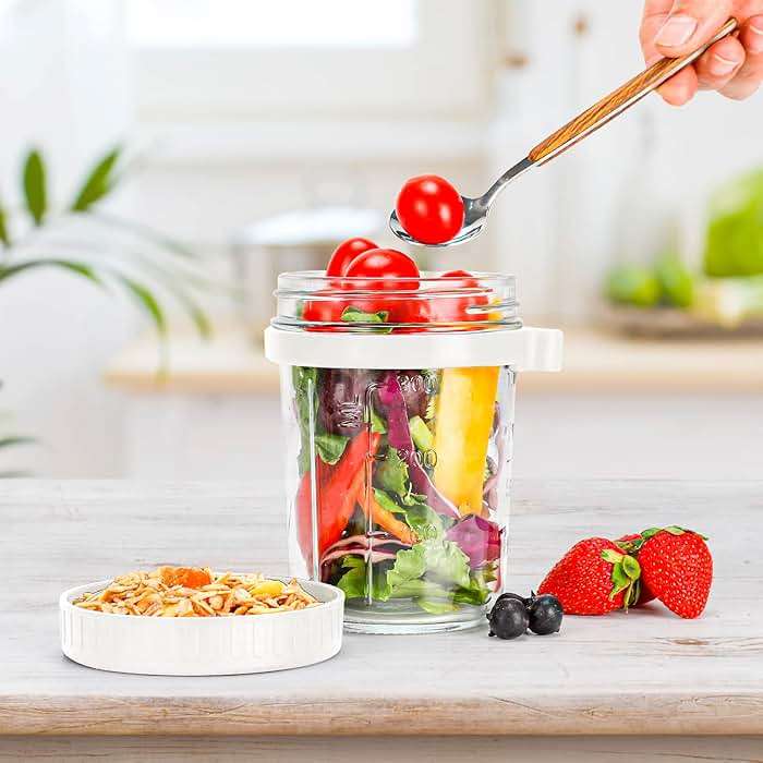 PFUM Overnight Oats Jars with Spoon and Lid 16 oz [2 Pack], Airtight Oatmeal Container with Measurement Marks, Mason Jars with Lid for Cereal On The Go Container (2pcs white) - Image 2