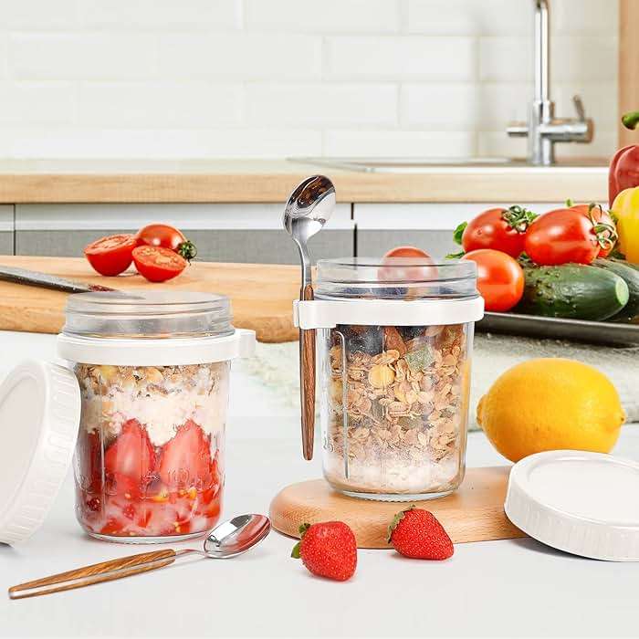 PFUM Overnight Oats Jars with Spoon and Lid 16 oz [2 Pack], Airtight Oatmeal Container with Measurement Marks, Mason Jars with Lid for Cereal On The Go Container (2pcs white) - Image 4