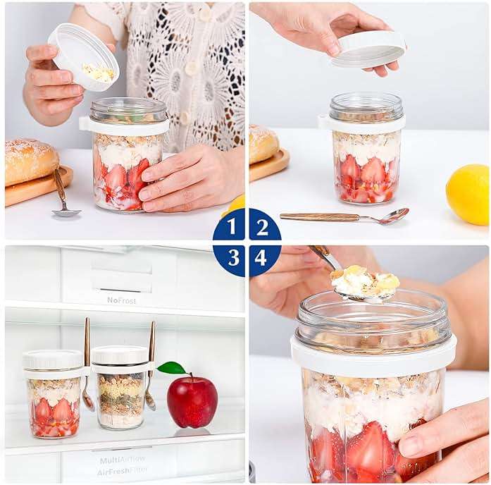 PFUM Overnight Oats Jars with Spoon and Lid 16 oz [2 Pack], Airtight Oatmeal Container with Measurement Marks, Mason Jars with Lid for Cereal On The Go Container (2pcs white) - Image 5