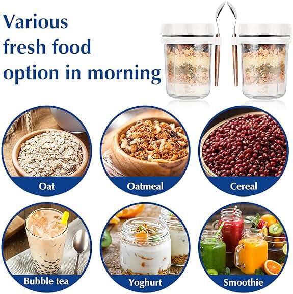 PFUM Overnight Oats Jars with Spoon and Lid 16 oz [2 Pack], Airtight Oatmeal Container with Measurement Marks, Mason Jars with Lid for Cereal On The Go Container (2pcs white) - Image 6