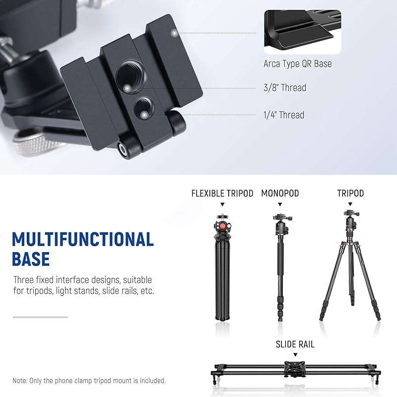 NEEWER Smartphone Tripod Mount Aluminum Alloy, 360° Rotatable Phone Stand Holder Clamp with Cold Shoe and Arca Base Compatible with iPhone 15 Pro Max Galaxy S24 Ultra Pixel & 2.6"-4" Wide Smartphones - Image 4