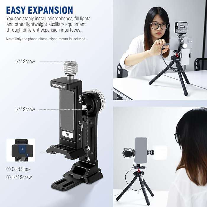 NEEWER Smartphone Tripod Mount Aluminum Alloy, 360° Rotatable Phone Stand Holder Clamp with Cold Shoe and Arca Base Compatible with iPhone 15 Pro Max Galaxy S24 Ultra Pixel & 2.6"-4" Wide Smartphones - Image 6
