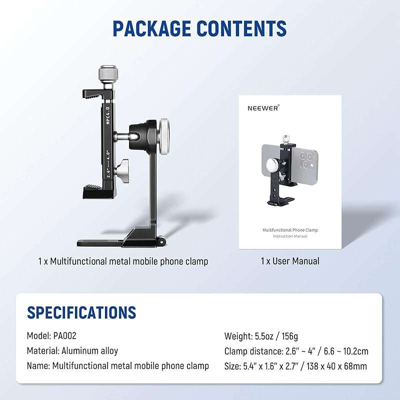 NEEWER Smartphone Tripod Mount Aluminum Alloy, 360° Rotatable Phone Stand Holder Clamp with Cold Shoe and Arca Base Compatible with iPhone 15 Pro Max Galaxy S24 Ultra Pixel & 2.6"-4" Wide Smartphones - Image 9