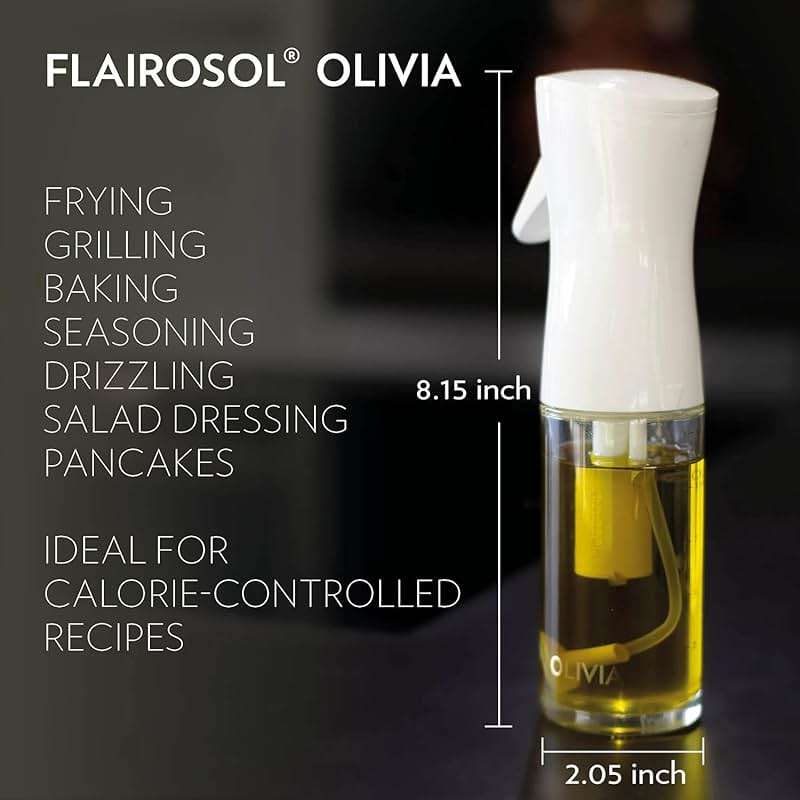 OLIVIA SIGNATURE Advanced Kitchen Oil Sprayer with Flairosol Technology, Fine Mist & Portion Control, Refillable Glass Olive Oil Cooking Spray Bottle for Air Fryer, Salad, BBQ, 130ml (Gold Print) - Image 2