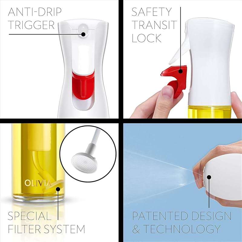 OLIVIA SIGNATURE Advanced Kitchen Oil Sprayer with Flairosol Technology, Fine Mist & Portion Control, Refillable Glass Olive Oil Cooking Spray Bottle for Air Fryer, Salad, BBQ, 130ml (Gold Print) - Image 3
