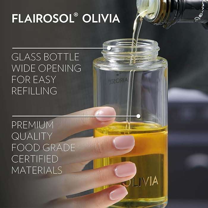 OLIVIA SIGNATURE Advanced Kitchen Oil Sprayer with Flairosol Technology, Fine Mist & Portion Control, Refillable Glass Olive Oil Cooking Spray Bottle for Air Fryer, Salad, BBQ, 130ml (Gold Print) - Image 7