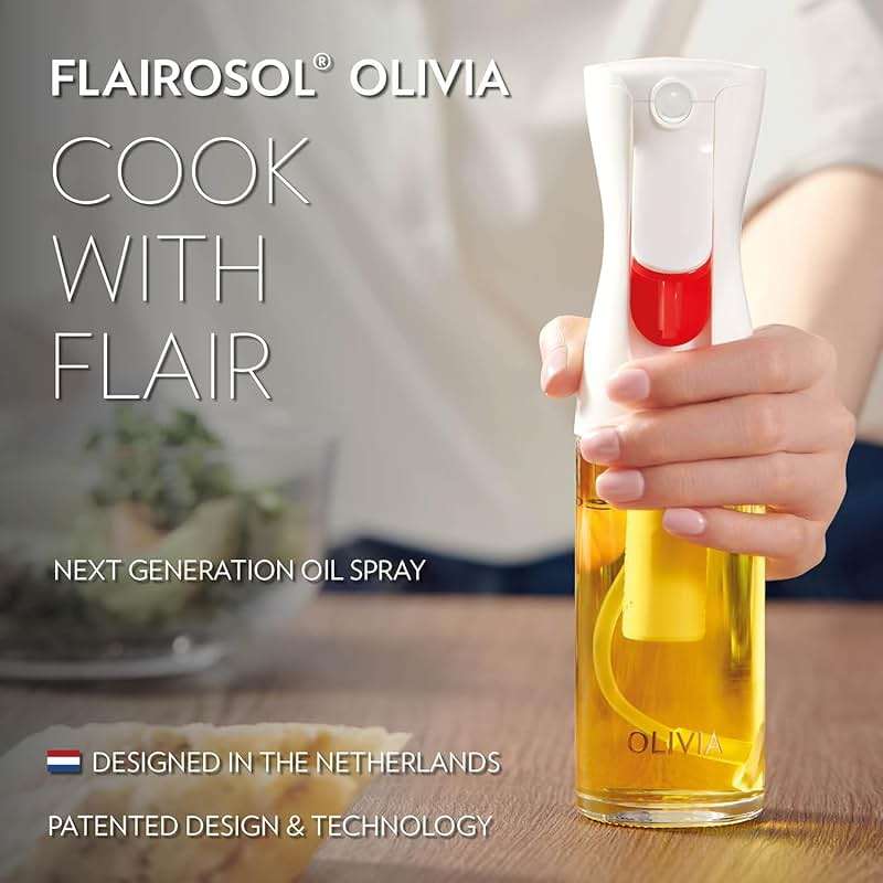 OLIVIA SIGNATURE Advanced Kitchen Oil Sprayer with Flairosol Technology, Fine Mist & Portion Control, Refillable Glass Olive Oil Cooking Spray Bottle for Air Fryer, Salad, BBQ, 130ml (Gold Print) - Image 9