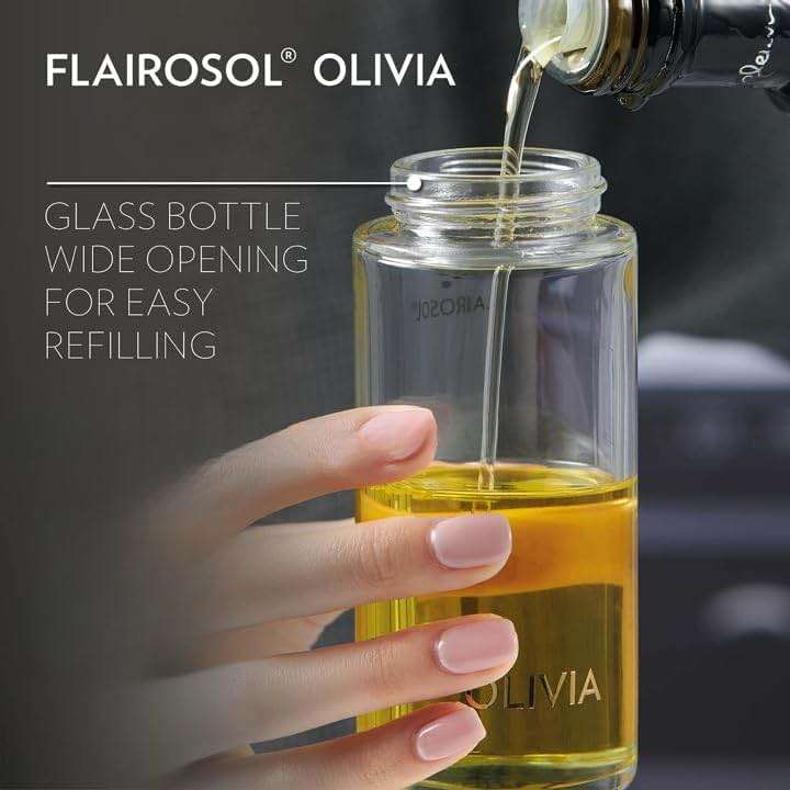 OLIVIA SIGNATURE Advanced Kitchen Oil Sprayer with Flairosol Technology, Fine Mist & Portion Control, Refillable Glass Olive Oil Cooking Spray Bottle for Air Fryer, Salad, BBQ, 130ml (Golden Leaves) - Image 7