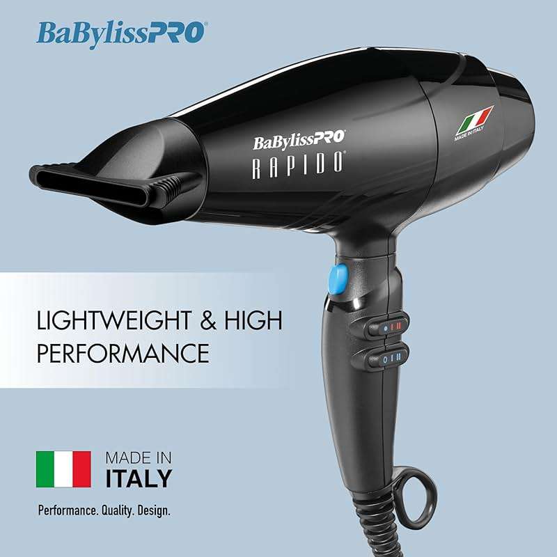 BaBylissPRO Hair Dryer, Nano Titanium Rapido 2000-Watt Blow Dryer, Hair Styling & Appliances, Black, BRAP1 | 2000W Brushless Motor for All Hair Types, Black, BRAP1 - Image 2