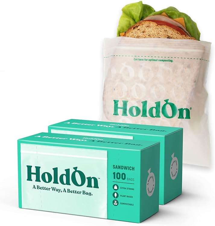 HoldOn Compostable Zip Lock Sandwich Bags, 200 Bags - Leak Proof Sandwich Size Storage Bags for Travel & Kitchen Meal Prep & On-The-Go Snacks - Resealable Food Storage Bags - BPA-Free, BPI Certified - Image 1