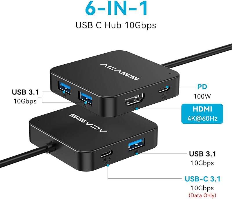 ACASIS USB C Hub 10Gbps, 6-in-1 Multiport Adapter with 4K 60Hz HDMI, 100W Power Delivery, USB A3.2 Data Port, USB C to HDMI Adapter for MacBook, Dell, Lenovo, Surface, iPad PRO, XPS(Black) - Image 2