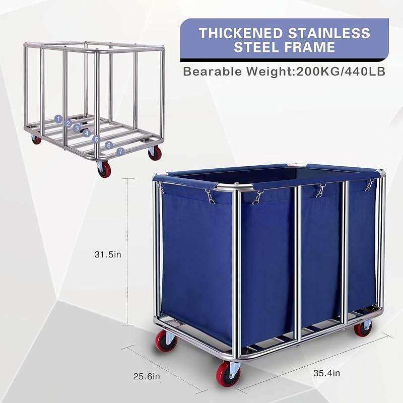 JJSMKCH Commercial Laundry Cart with Wheels, 400L Capacity, Sturdy Steel Frame, Waterproof Oxford Cloth, 330 lbs Load, Blue - Image 2