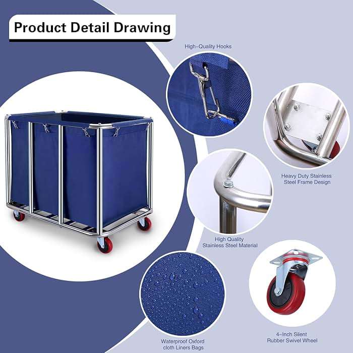 JJSMKCH Commercial Laundry Cart with Wheels, 400L Capacity, Sturdy Steel Frame, Waterproof Oxford Cloth, 330 lbs Load, Blue - Image 3