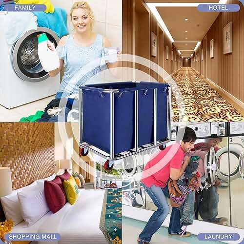 JJSMKCH Commercial Laundry Cart with Wheels, 400L Capacity, Sturdy Steel Frame, Waterproof Oxford Cloth, 330 lbs Load, Blue - Image 5