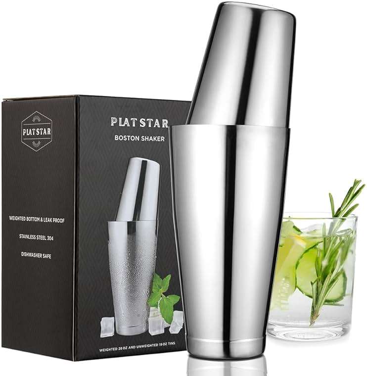 Plat Star Boston Cocktail Shaker Set, Weighted 28oz Unweighted 18oz Shaker Tins, 304 Stainless Steel Leak-Proof Drink Mixer Cup, Metal Bartender Tools for Home Bar & Commercial, Silver - Image 1
