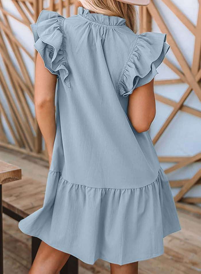 Dokotoo Womens Summer Dresses 2026 V-Neck Drawstring Ruffle Cap Short Sleeve Side Pockets Mini Dress Sundress - Image 2
